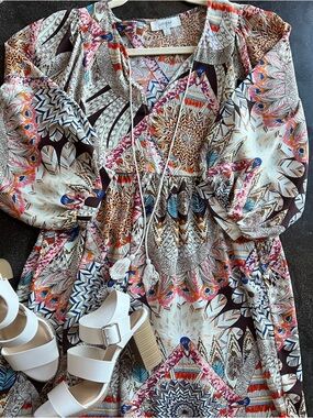 Umgee Colorful Boho Print Baby Doll Dress - Size Small